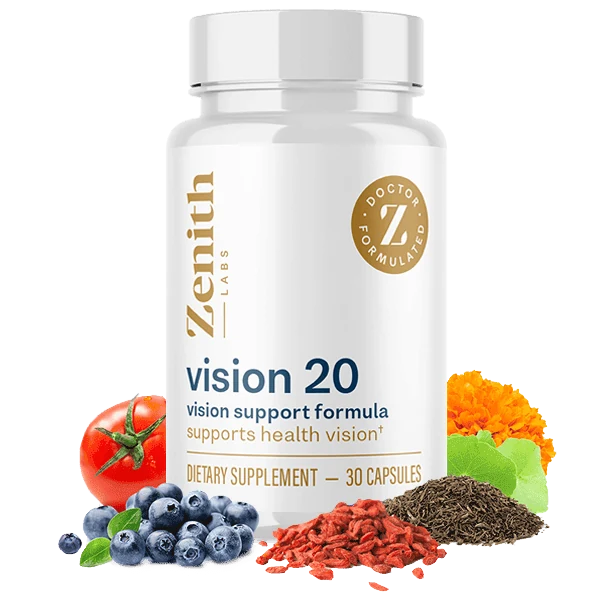 Vision 20 vision support formula bottle with natural ingredient imagery