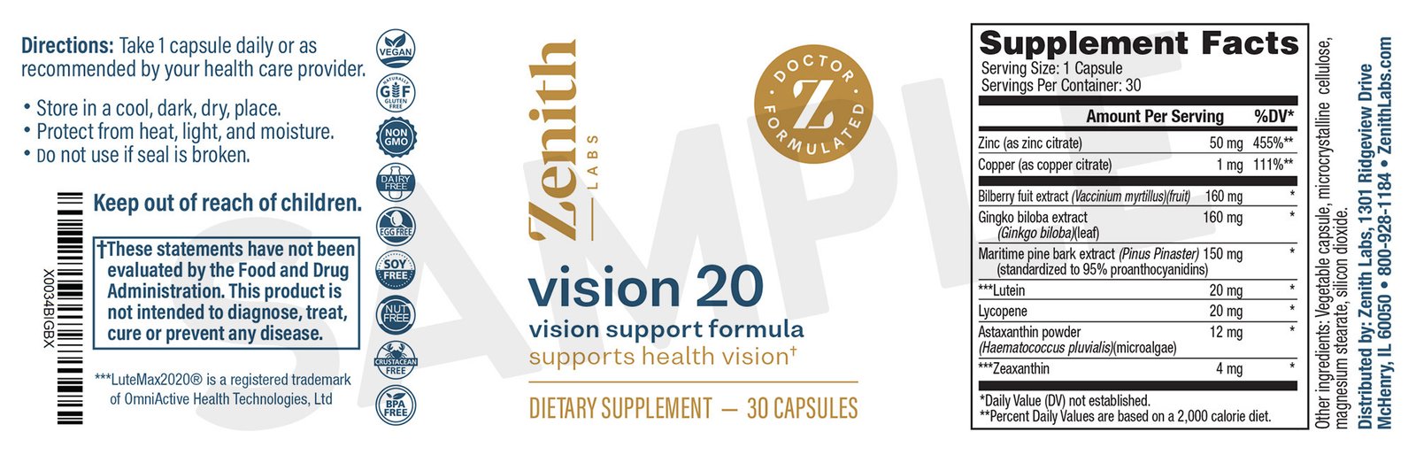 Vision 20 Supplement Facts and directions label